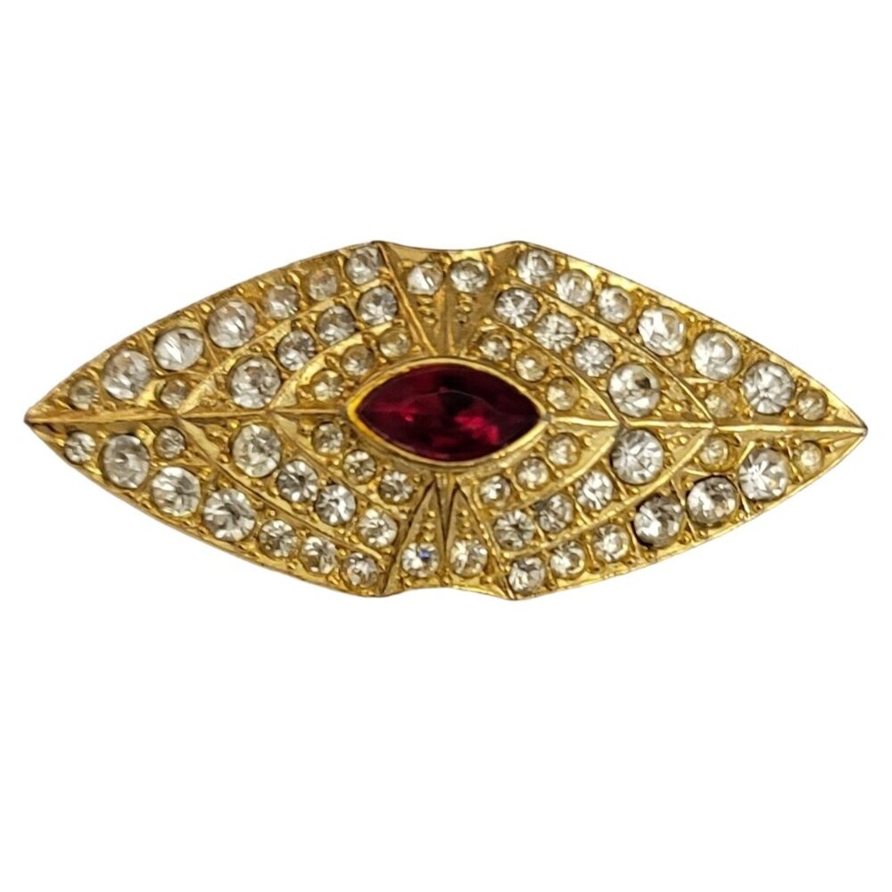 Sphinx Gold Tone Clear, Red Rhinestone Bar Brooch Pin, Signed M229